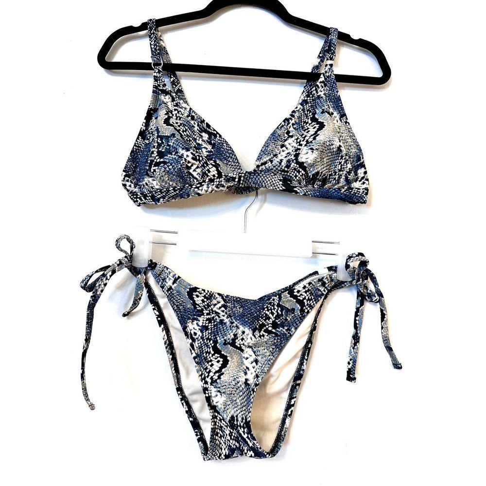 Shade & Shore Triangle Snake Bikini Top And Cheeky Bottoms 2Pc Set Blue L/M